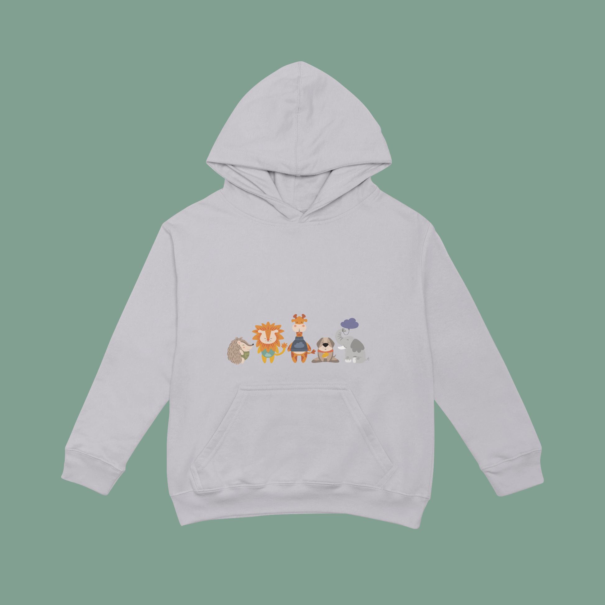 Sudadera tipo hoodie gris con diseño de la manada de la marca de ropa Nube: Filomeno el puercoespín, Sabino el león, Lázaro la jirafa, Leandro el perro y Clementino el elefante.