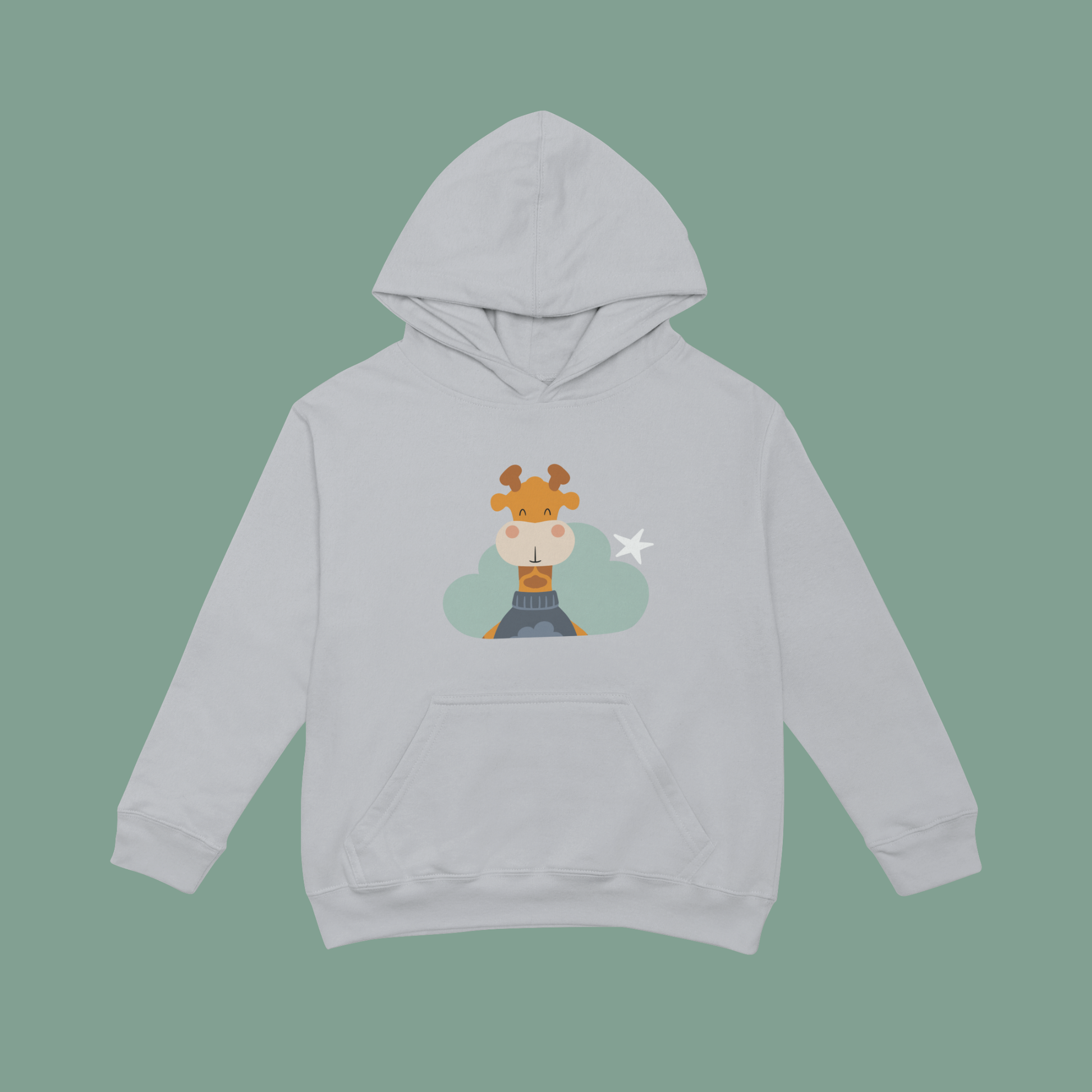 Sudadera tipo hoodie gris con diseño de Lázaro la jirafa de la marca de ropa Nube dentro de una nube azul y una estrella blanca a lado.