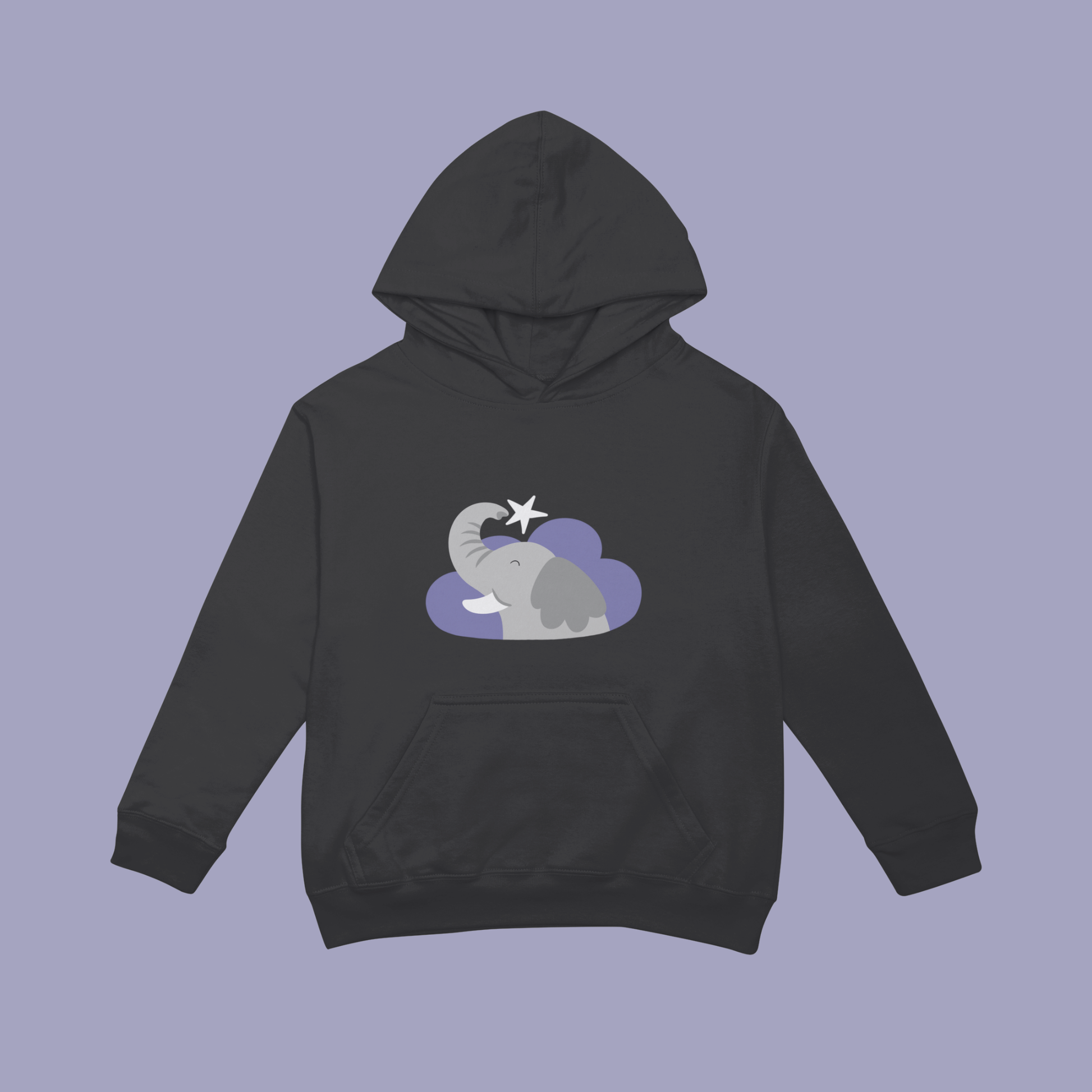 Sudadera tipo hoodie negra con diseño de Clementina la Elefanta de la marca de ropa Nube dentro de una nube morada y una estrella blanca a lado.