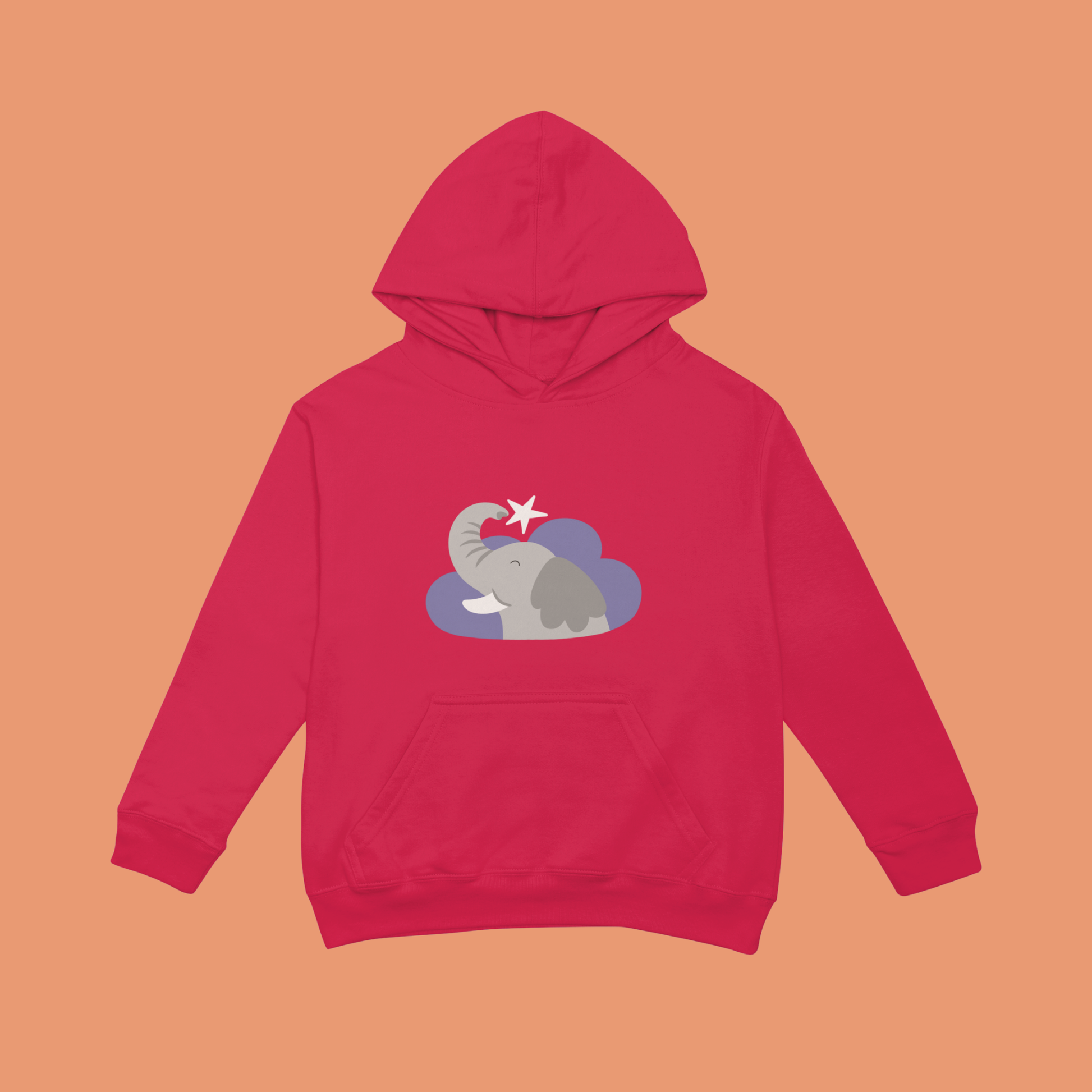 Sudadera tipo hoodie roja con diseño de Clementina la Elefanta de la marca de ropa Nube dentro de una nube morada y una estrella blanca a lado.