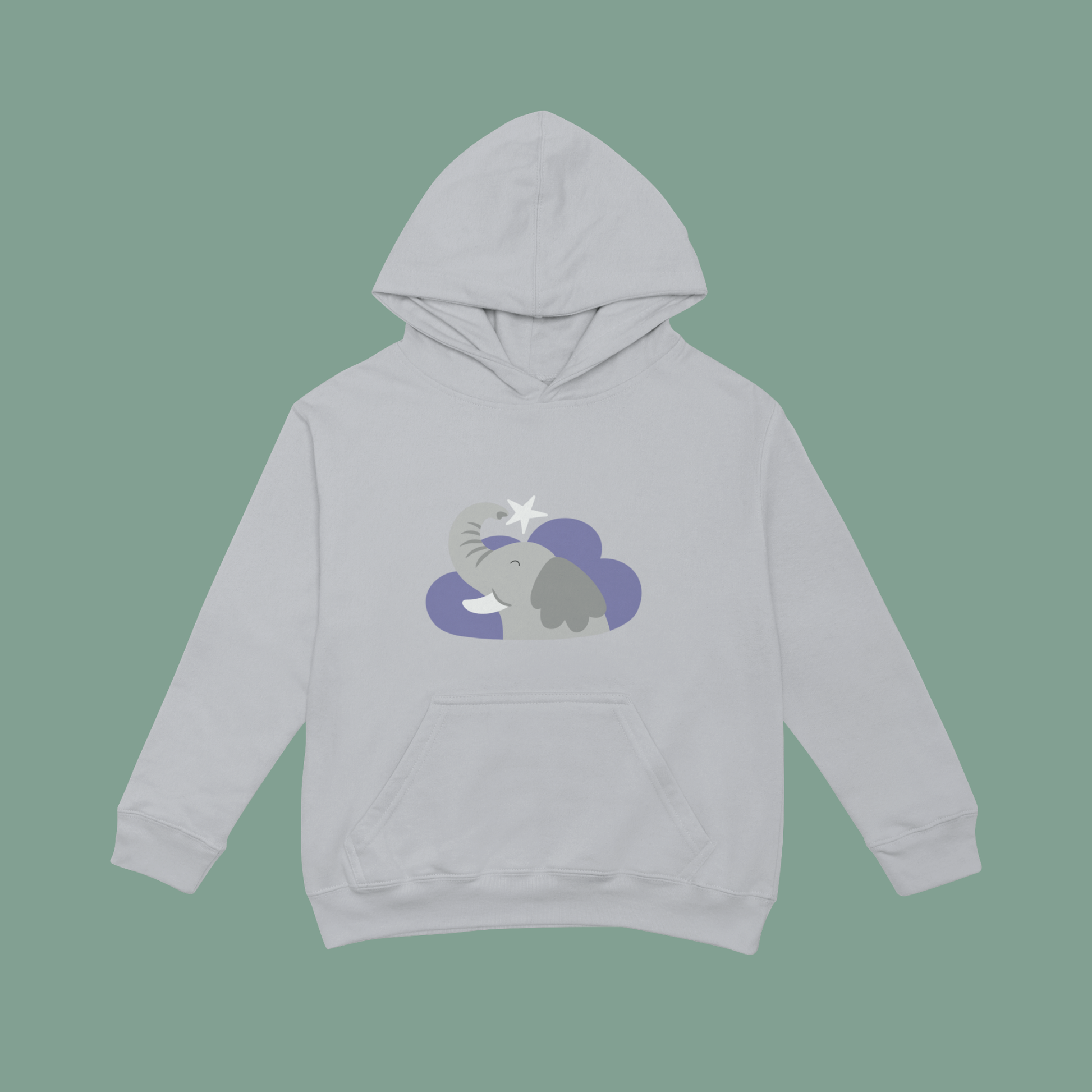 Sudadera tipo hoodie gris con diseño de Clementino el Elefante de la marca de ropa Nube dentro de una nube morada y una estrella blanca a lado.