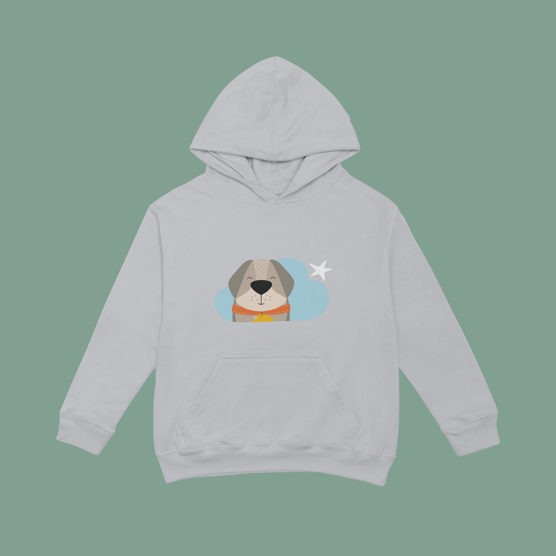 Sudadera tipo hoodie gris con diseño de Leandro el Perro de la marca de ropa Nube con collar naranja y placa amarilla en forma de nube dentro de una nube azul y una estrella blanca a lado.