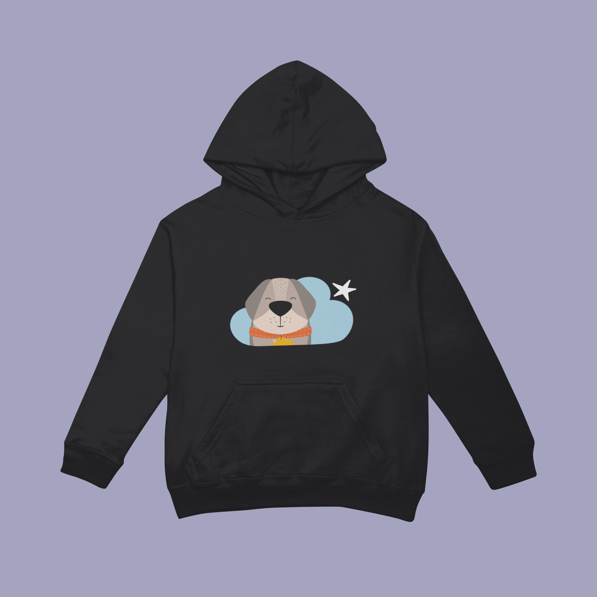 Sudadera tipo hoodie negra con diseño de Leandro el Perro de la marca de ropa Nube con collar naranja y placa amarilla en forma de nube dentro de una nube azul y una estrella blanca a lado.