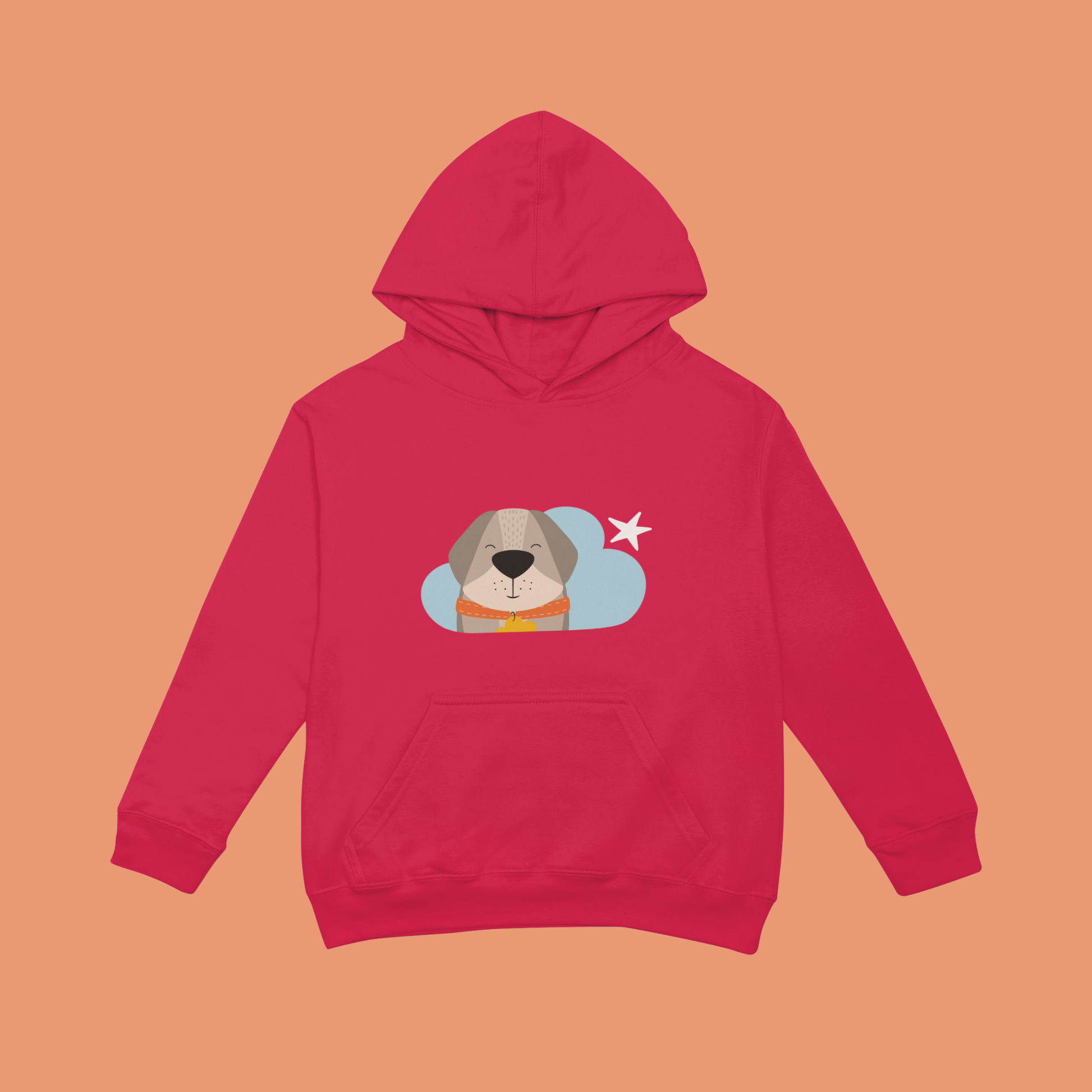 Sudadera tipo hoodie roja con diseño de Leandro el Perro de la marca de ropa Nube con collar naranja y placa amarilla en forma de nube dentro de una nube azul y una estrella blanca a lado.