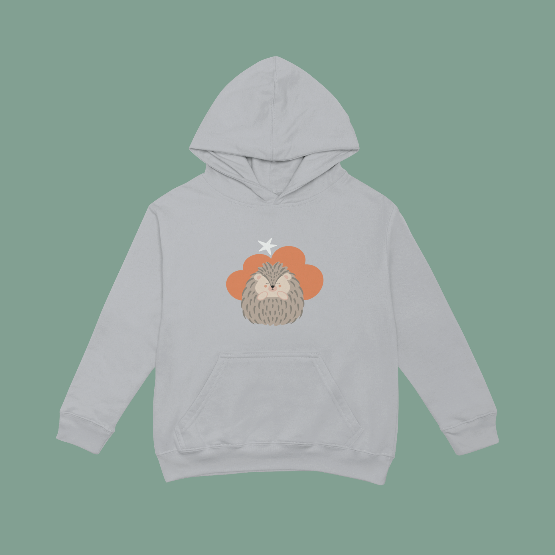 Sudadera tipo hoodie gris con diseño de Filomena el Puercoespín de la marca de ropa Nube dentro de una nube naranja y una estrella blanca a lado.