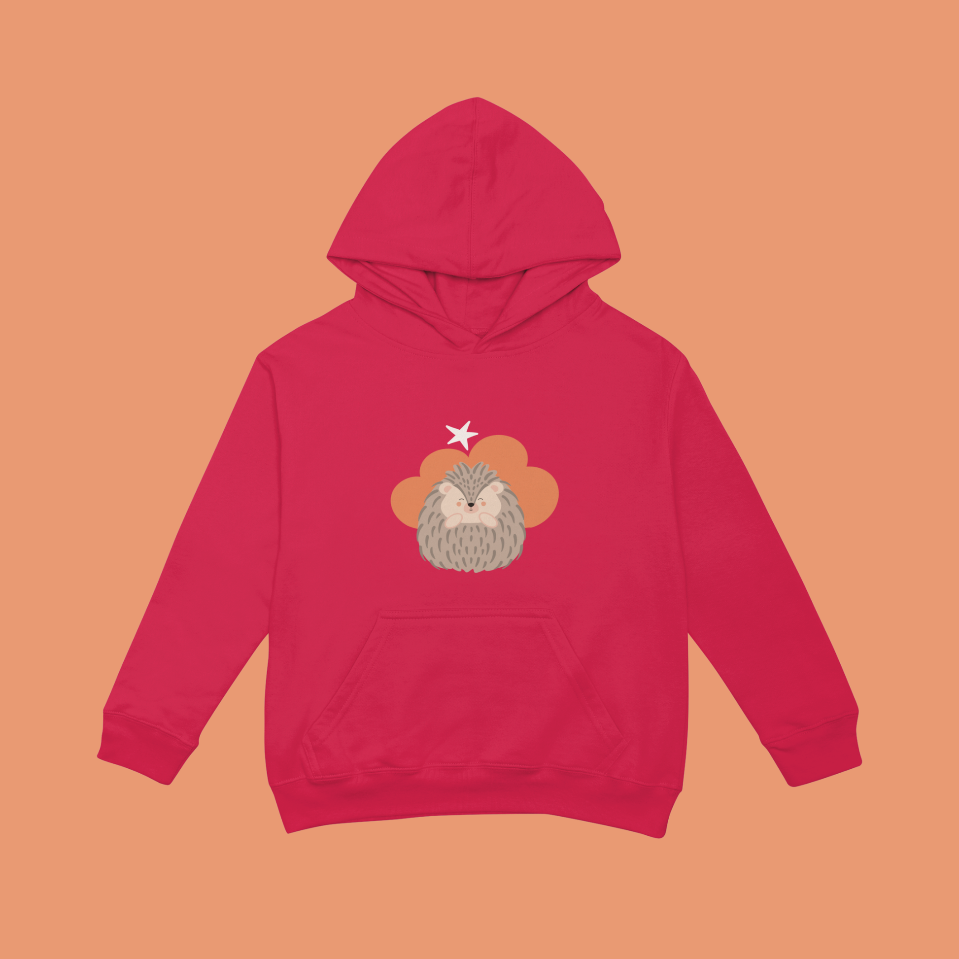 Sudadera tipo hoodie roja con diseño de Filomeno el Puercoespín de la marca de ropa Nube dentro de una nube naranja y una estrella blanca a lado.