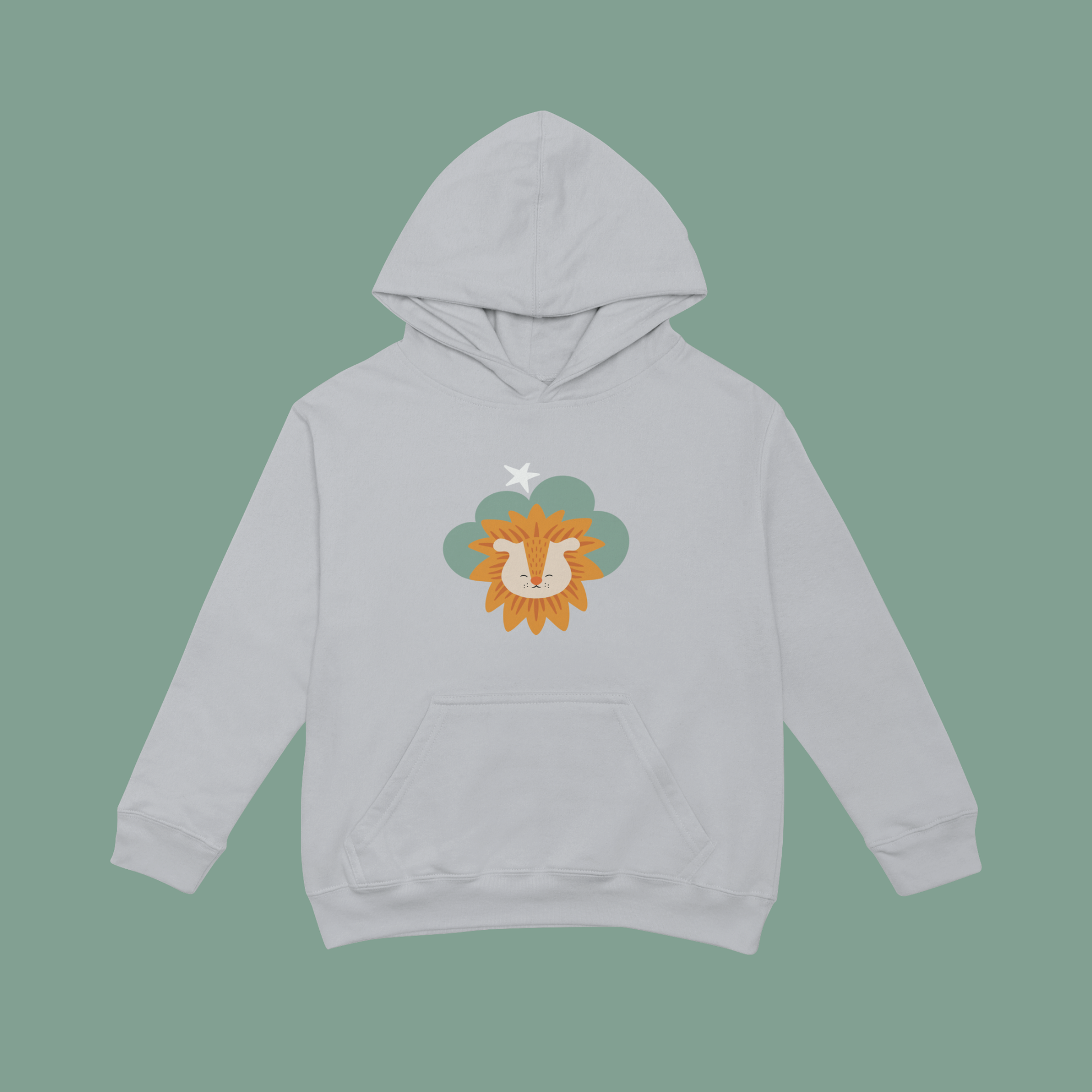 Sudadera tipo hoodie gris con diseño de Sabino el León de la marca de ropa Nube dentro de una nube verde y una estrella blanca a lado.