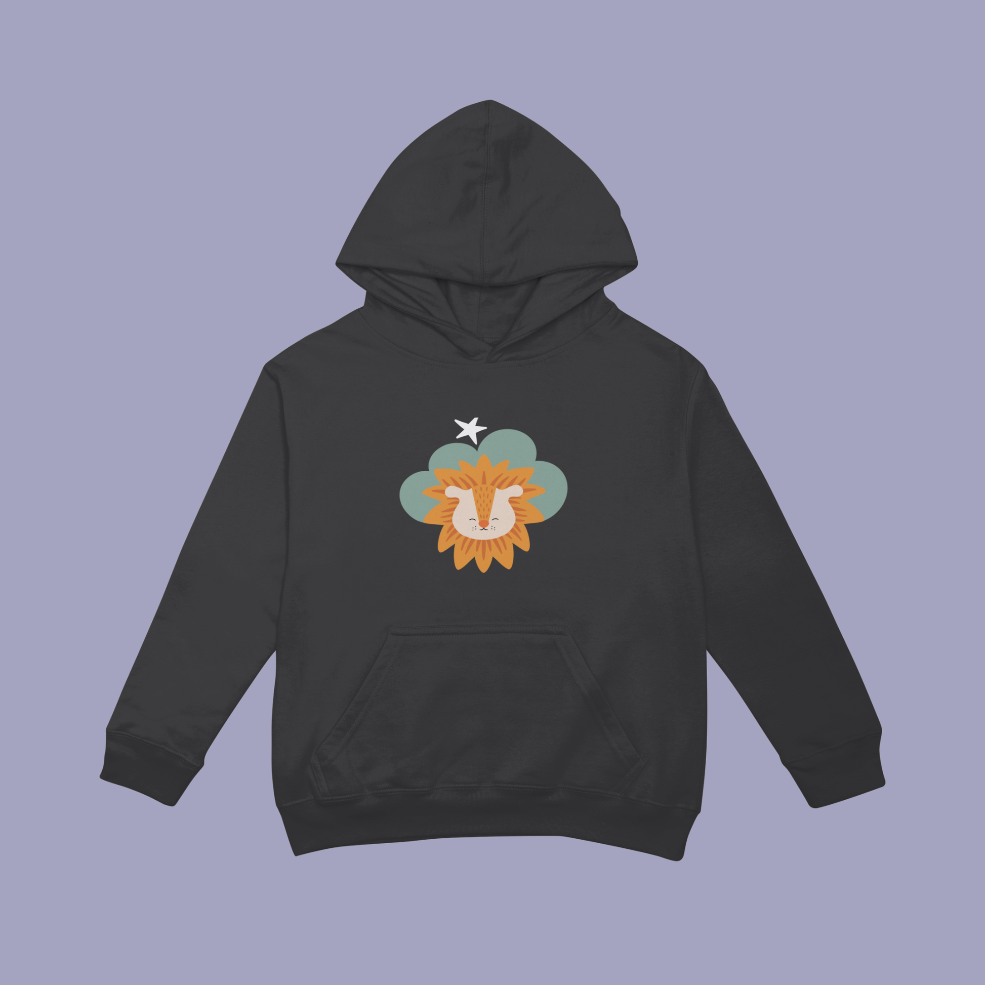 Sudadera tipo hoodie negra con diseño de Sabino el León de la marca de ropa Nube dentro de una nube verde y una estrella blanca a lado.