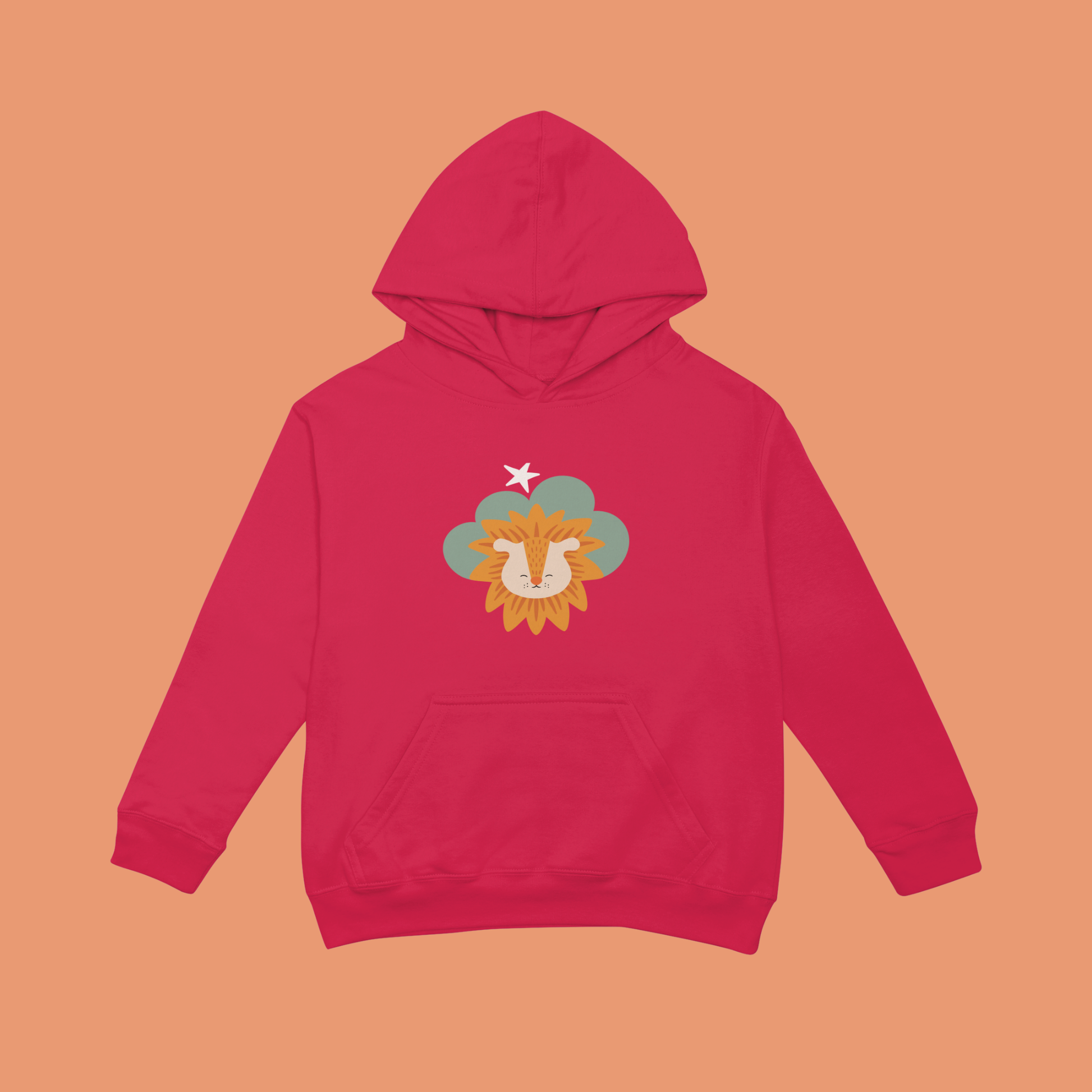 Sudadera tipo hoodie roja con diseño de Sabino el León de la marca de ropa Nube dentro de una nube verde y una estrella blanca a lado.