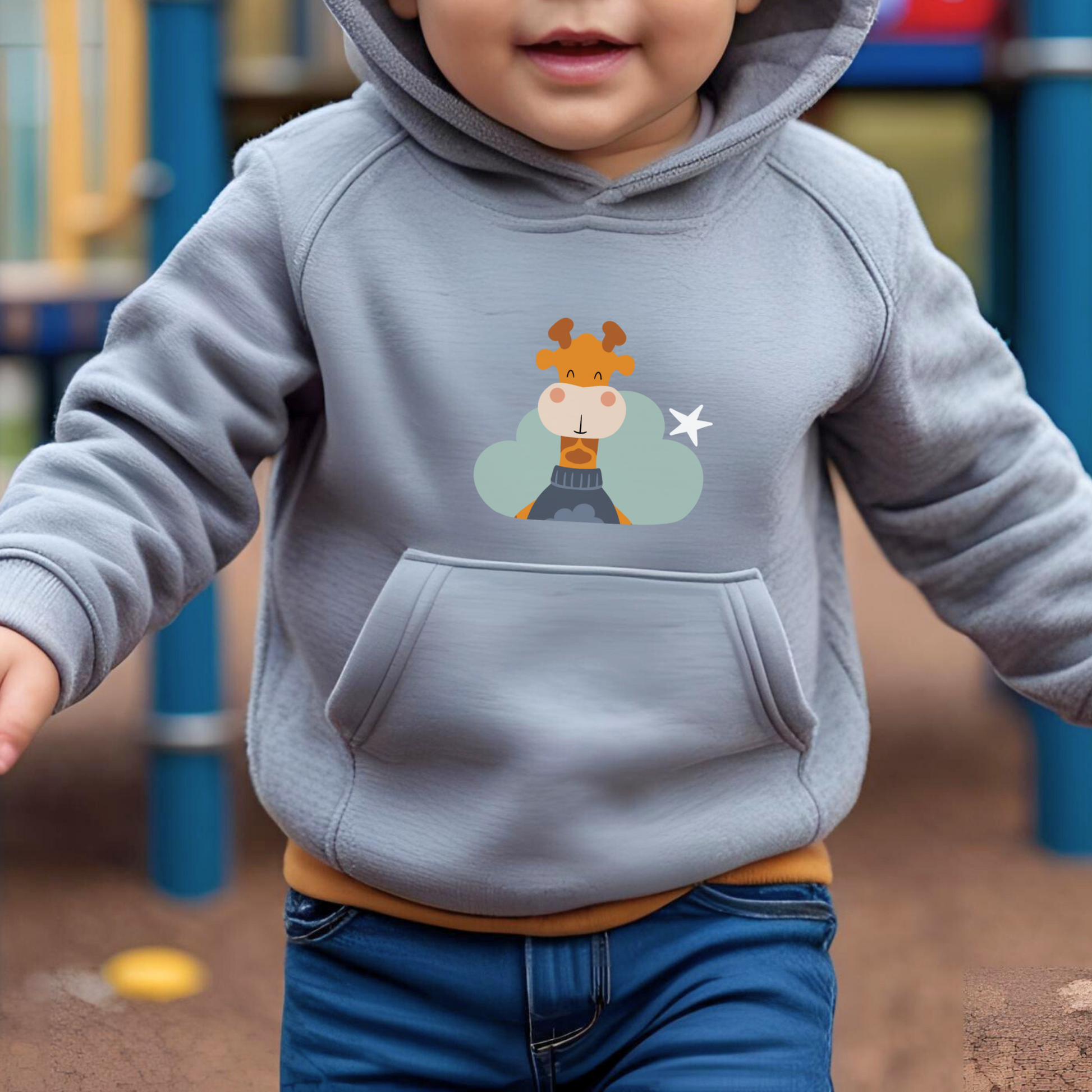 Toddler jugando en el parque con sudadera tipo hoodie gris con diseño de Lázaro la jirafa de la marca de ropa Nube dentro de una nube azul y una estrella blanca en la parte superior del pecho.