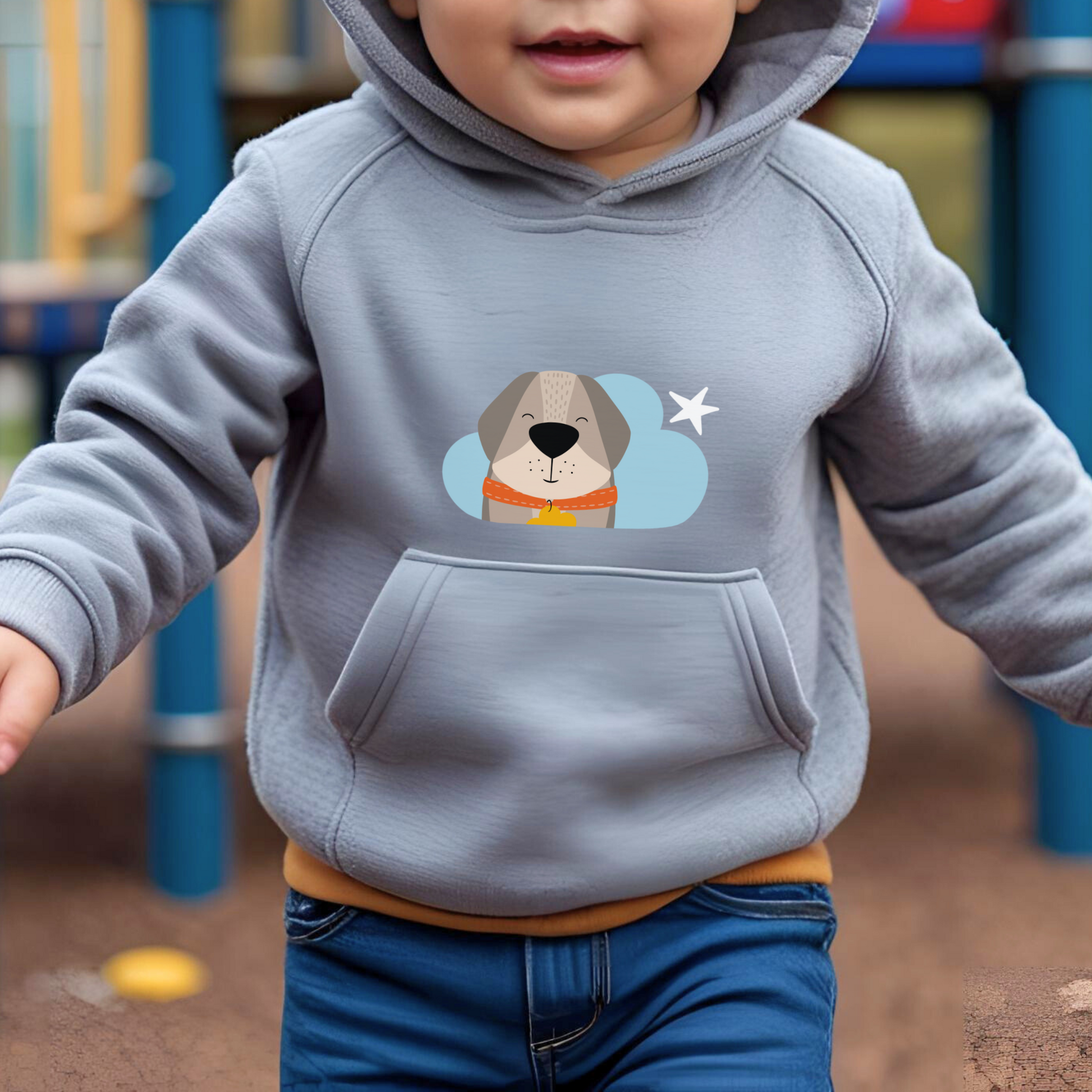 Toddler jugando en el parque con sudadera tipo hoodie gris con diseño de Leandro el Perro de la marca de ropa Nube con collar naranja y placa amarilla en forma de nube dentro de una nube azul y una estrella blanca a lado.