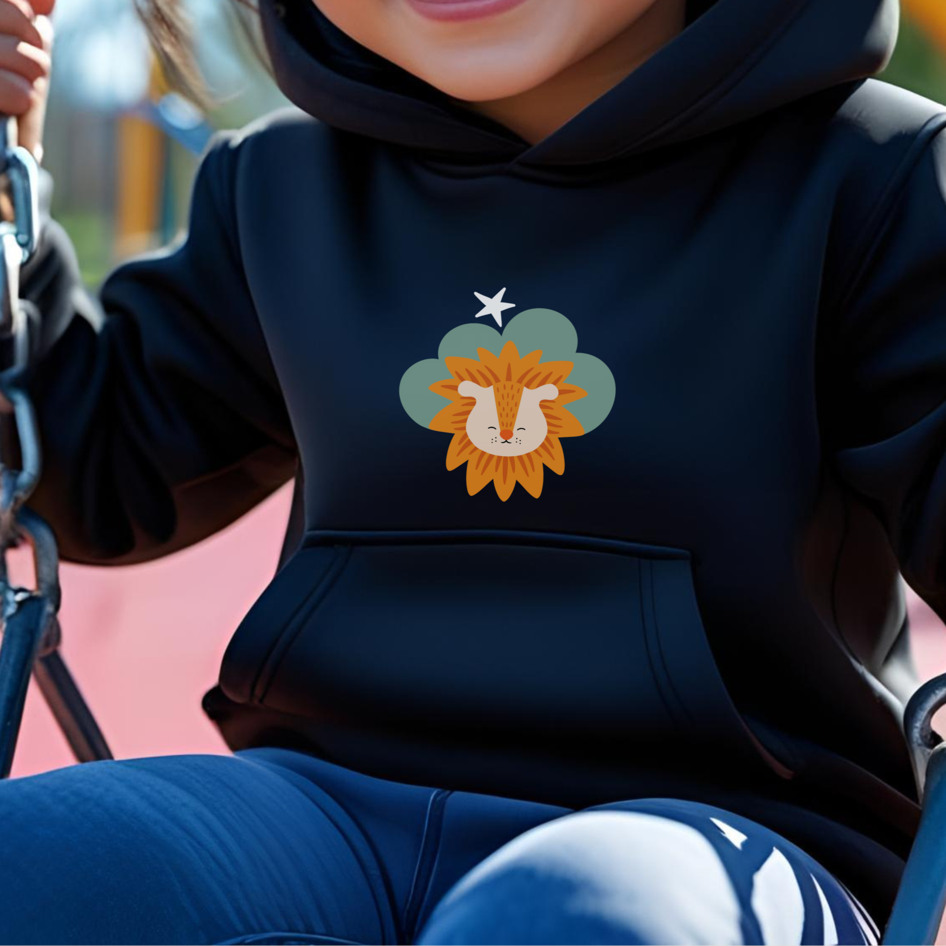 Toddler jugando en el parque con sudadera tipo hoodie negra con diseño de Sabino el León de la marca de ropa Nube dentro de una nube verde y una estrella amarilla a lado.