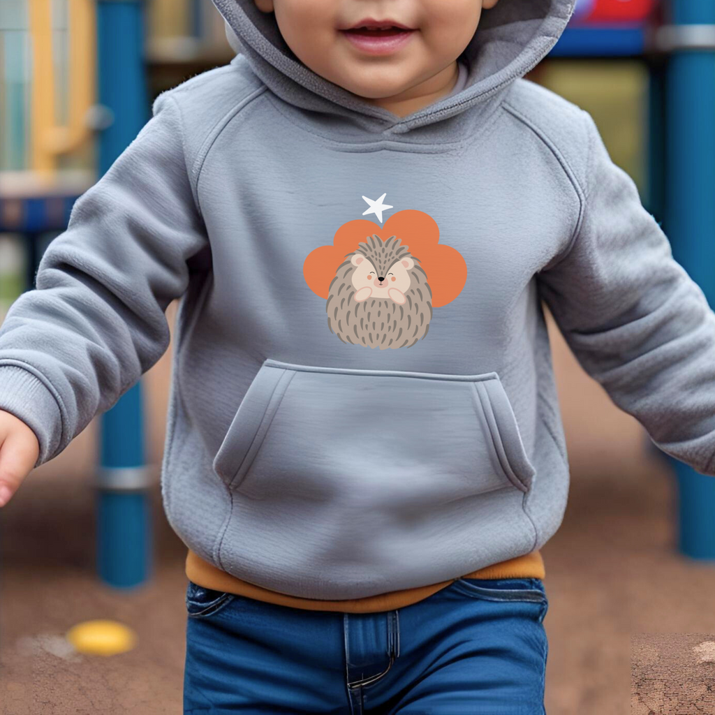 Toddler jugando en el parque con sudadera tipo hoodie gris con diseño de Filomena el Puercoespín de la marca de ropa Nube dentro de una nube naranja y una estrella blanca a lado.