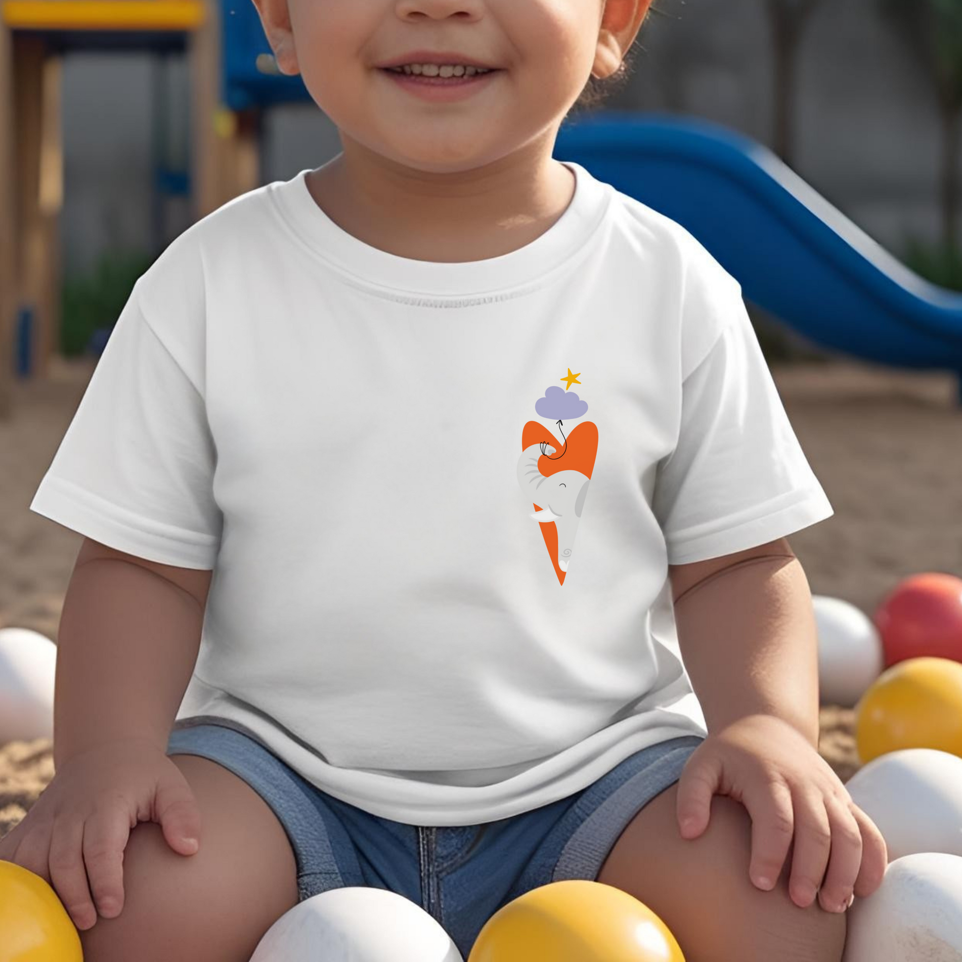 Toddler jugando en el parque con playera blanca con diseño de un elefante gris dentro de un corazón naranja, con globo de nube morada amarrada a su trompa y una estrella amarilla en la parte superior lo guía.