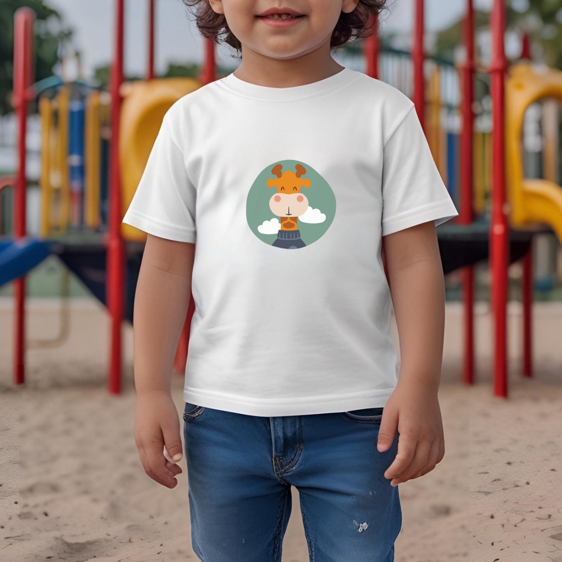 Toddler jugando en el parque con playera blanca con estampado del retrato de la jirafa Lazaro de la marca de ropa nube con un sweater azul dentro de un círculo verde con nubes.