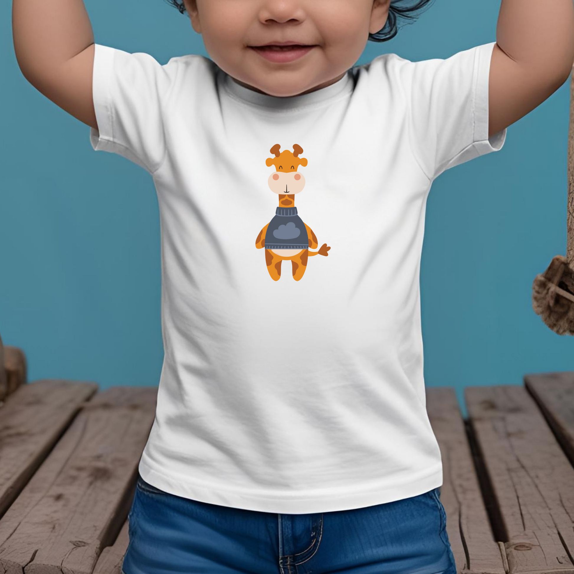 Toddler sentado en puente de madera con playera blanca con diseño de la jirafa Lazaro de la marca nube de pie con sweater azul y dibujo de nube