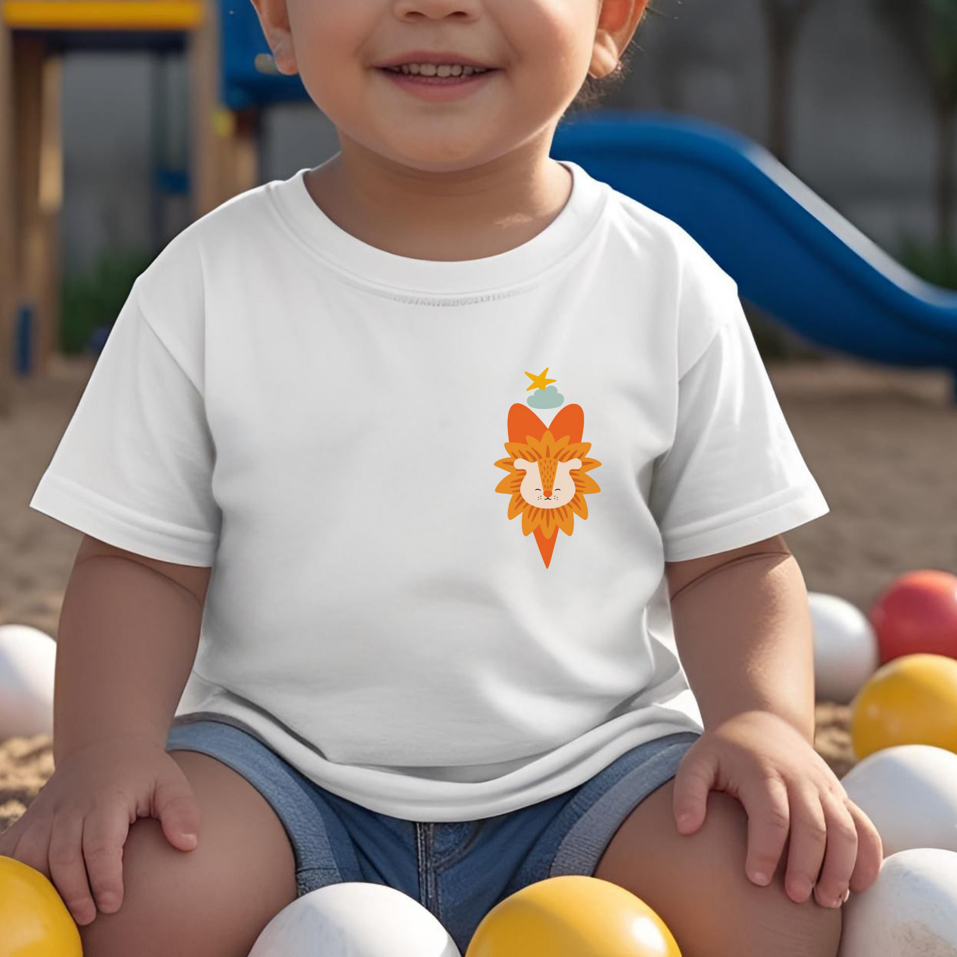 Toddler jugando en el parque con playera blanca con diseño del león Sabino de la marca de ropa Nube dentro de un corazón naranja, nube azul y una estrella amarilla en la parte superior del pecho.