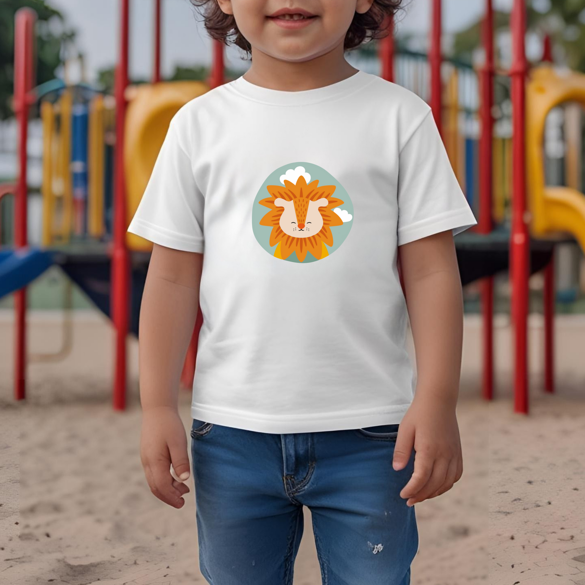 Toddler jugando en el parque con playera blanca con estampado del retrato del león Sabino de la marca de ropa nube dentro de un círculo verde con nubes.