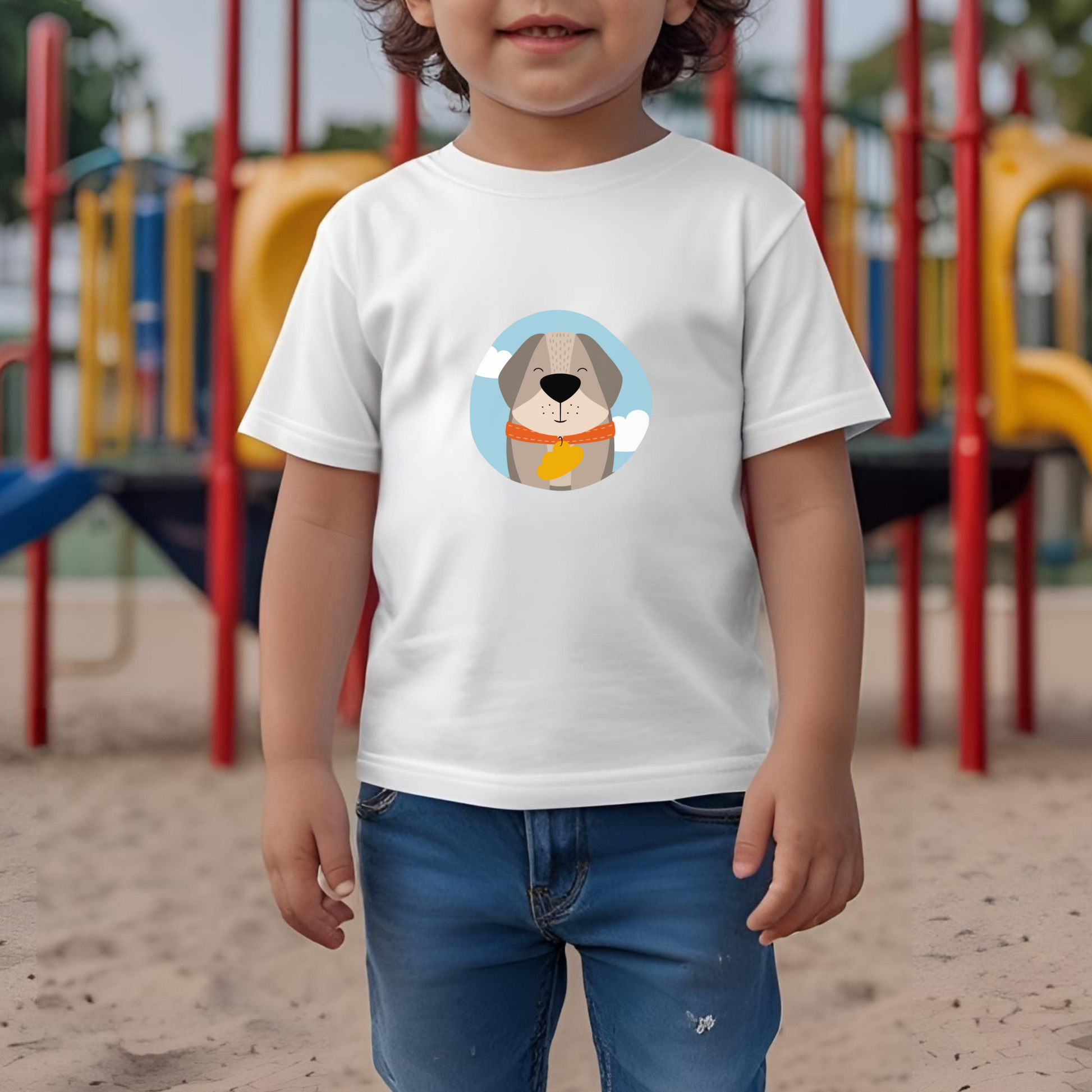 Toddler jugando en el parque con playera blanca con estampado del retrato del perro Leandro de la marca de ropa nube con collar naranja y placa amarilla en forma de nube dentro de un círculo azul con nubes.