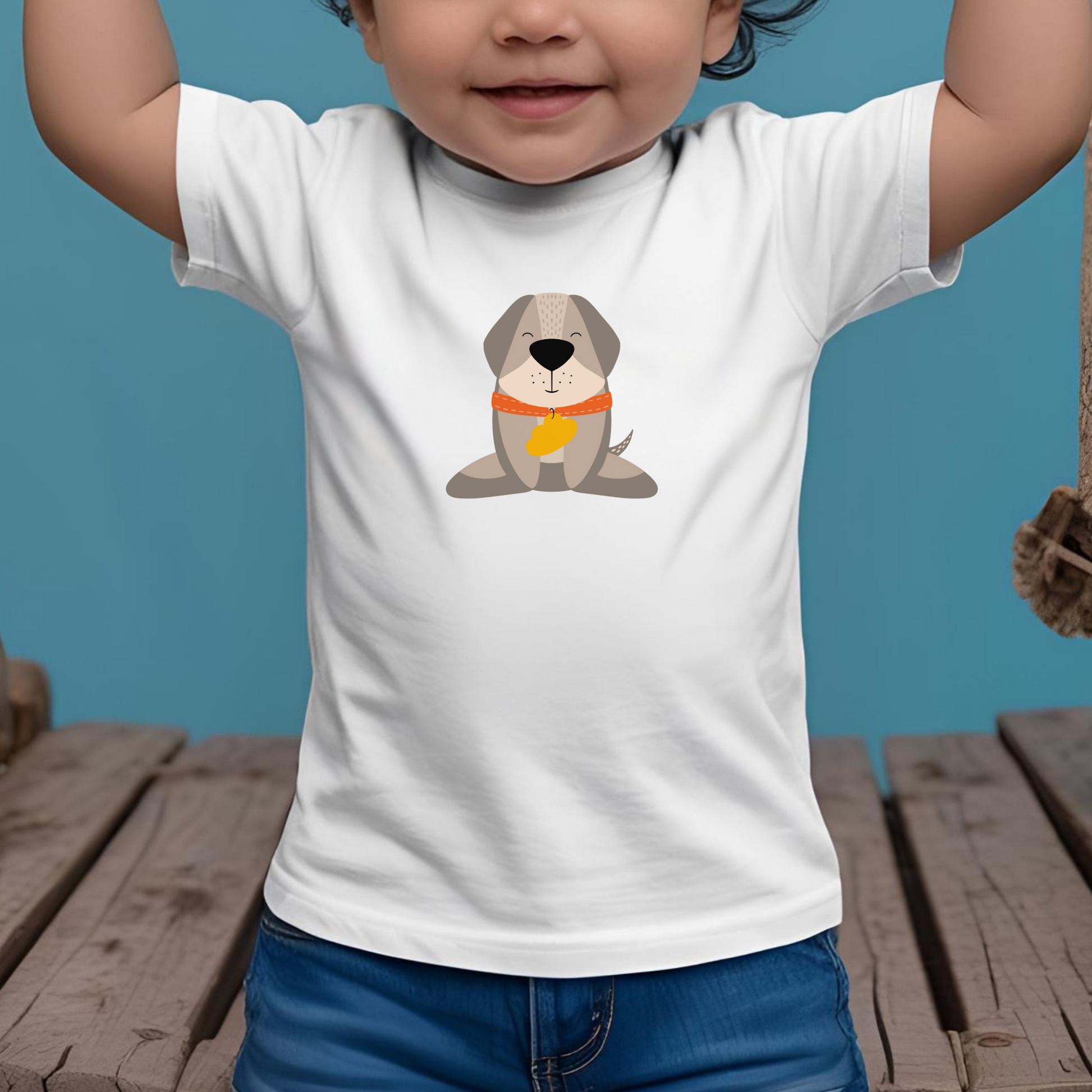 Toddler sentado en puente de madera con playera blanca con diseño del perro Leandro de pie con collar naranja y placa amarilla de la marca de ropa nube.
