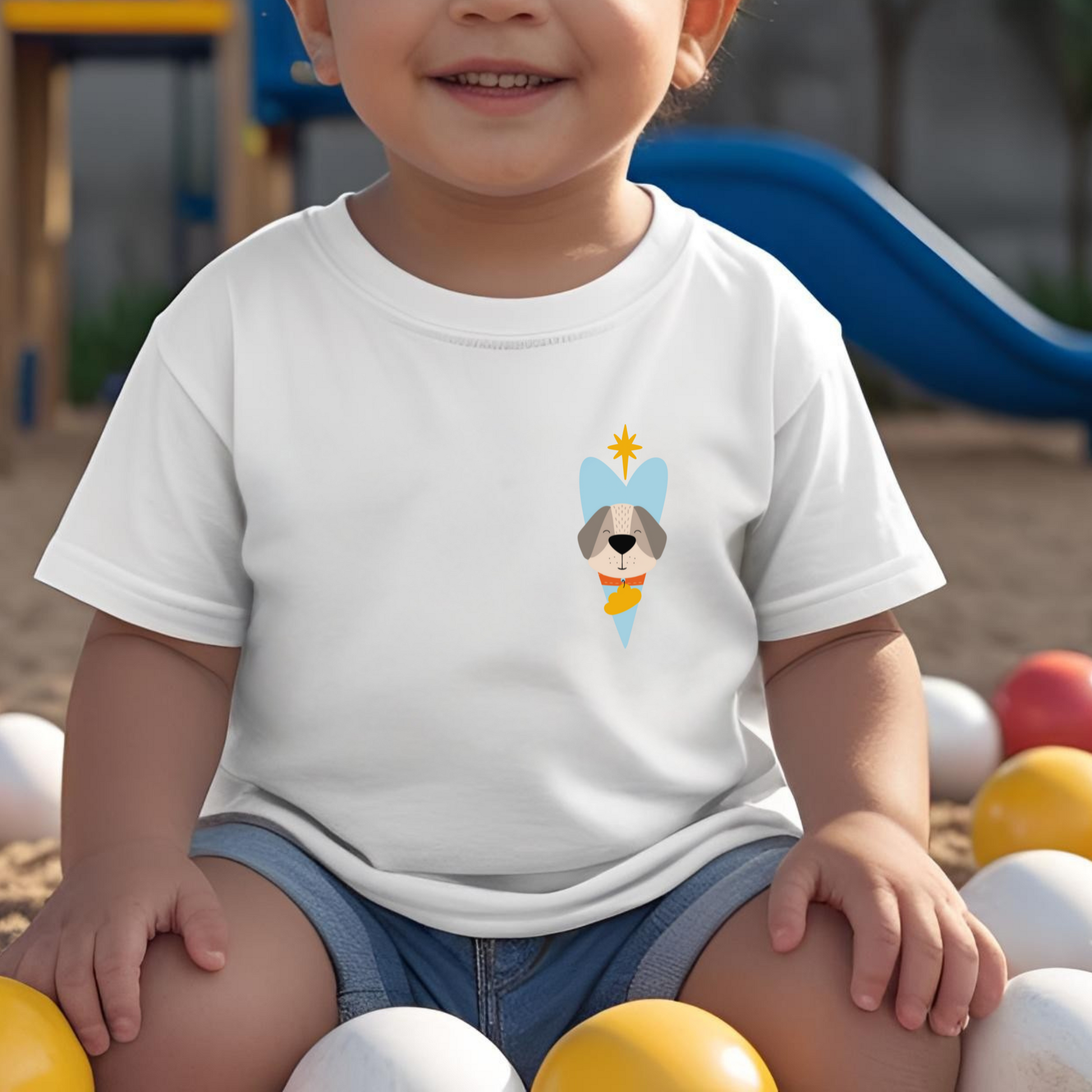Toddler jugando en el parque con playera blanca con diseño del perro Leandro de la marca nube dentro de un corazón azul y una estrella amarilla en la parte superior lo guía