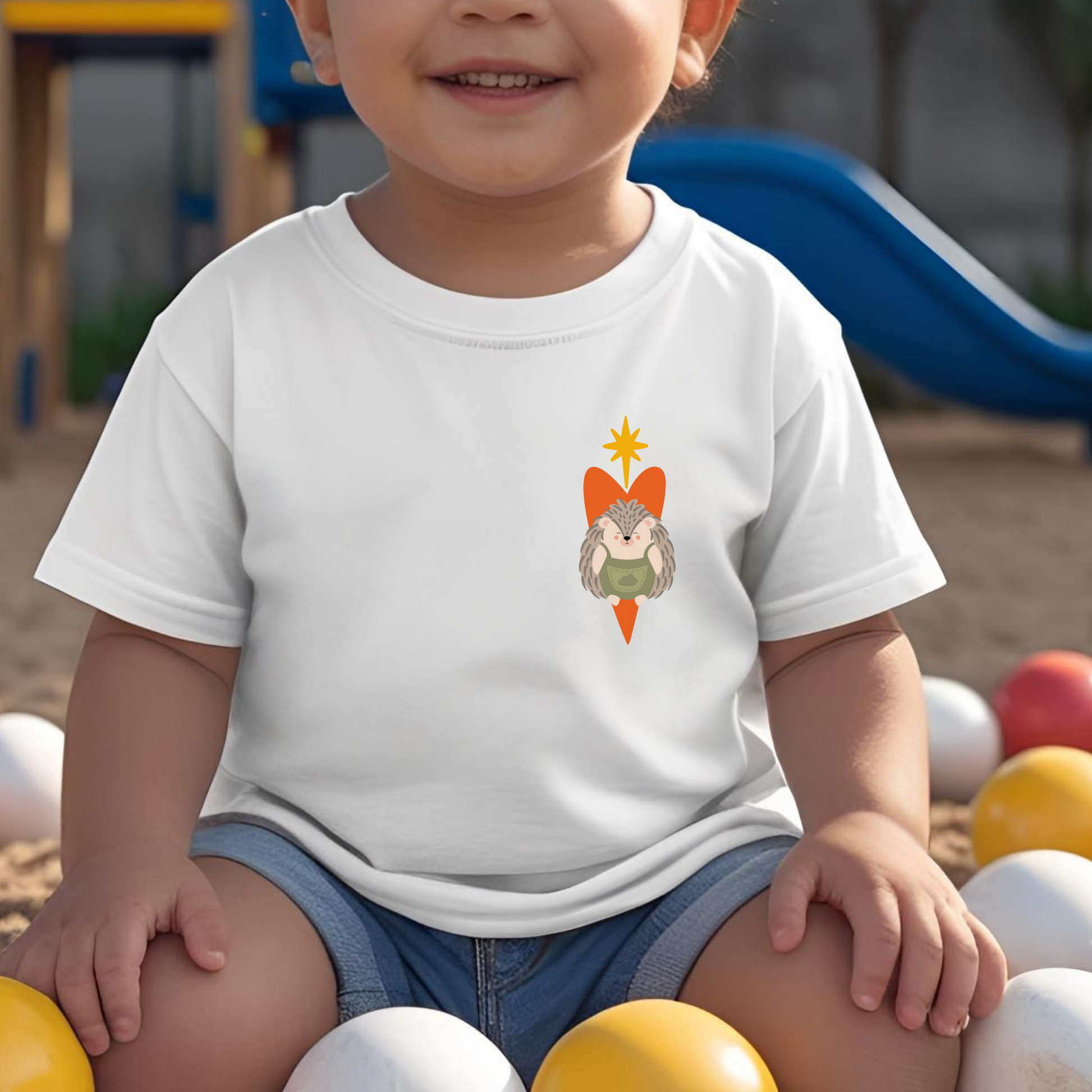 Toddler jugando en el parque con playera blanca con diseño de un puercoespín dentro de un corazón naranja y una estrella amarilla en la parte superior del pecho.