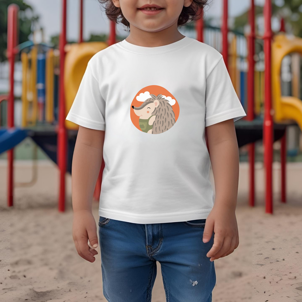Toddler jugando en el parque con playera blanca con estampado el retrato del puercoespin Filomeno de la marca de ropa Nube con un traje verde dentro de un círculo naranja con nubes.
