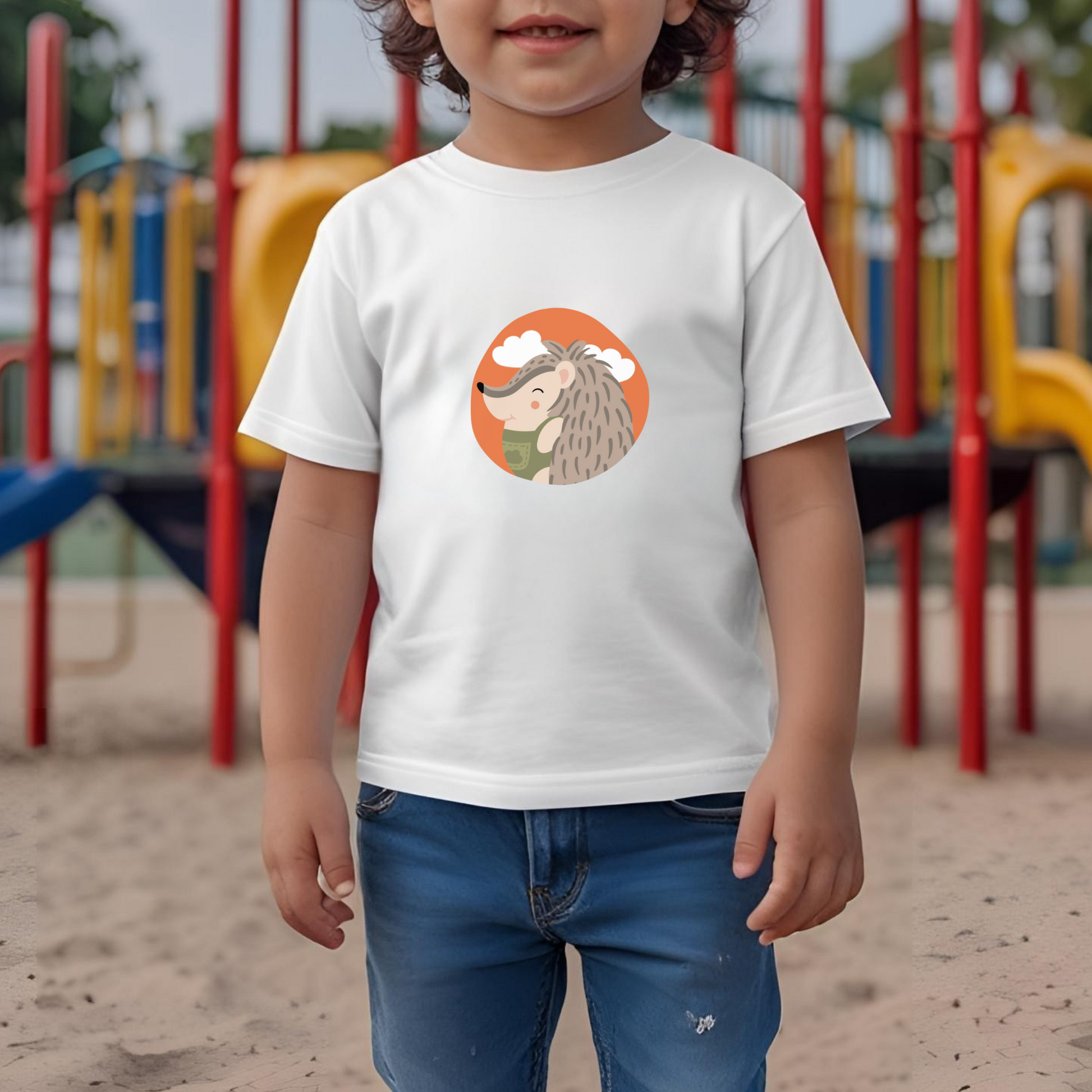 Toddler jugando en el parque con playera blanca con estampado el retrato del puercoespin Filomeno de la marca de ropa Nube con un traje verde dentro de un círculo naranja con nubes.