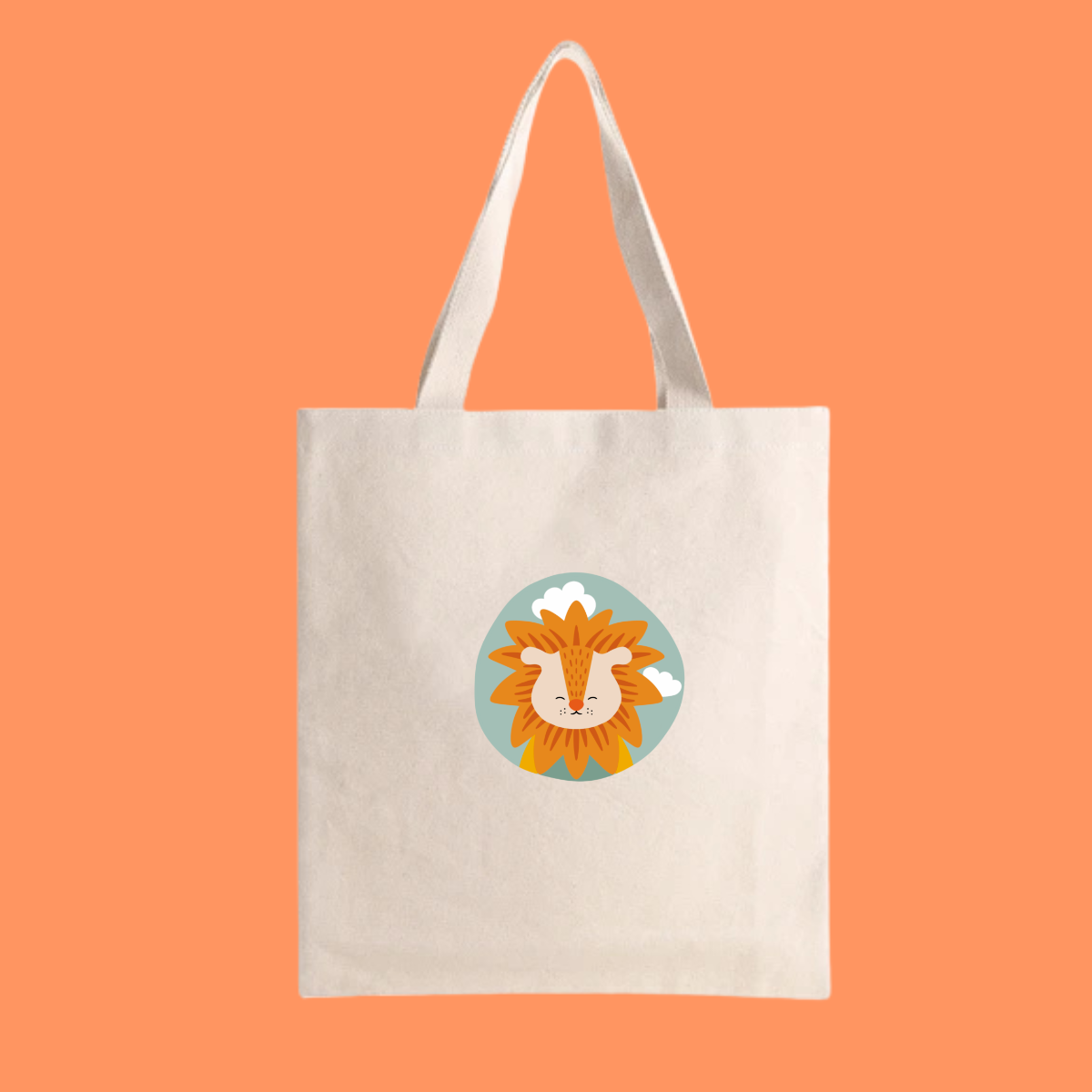 Bolsa Tote Bag color beige con estampado del retrato del leon Sabino de la marca de ropa nube dentro de un círculo verde con nubes.