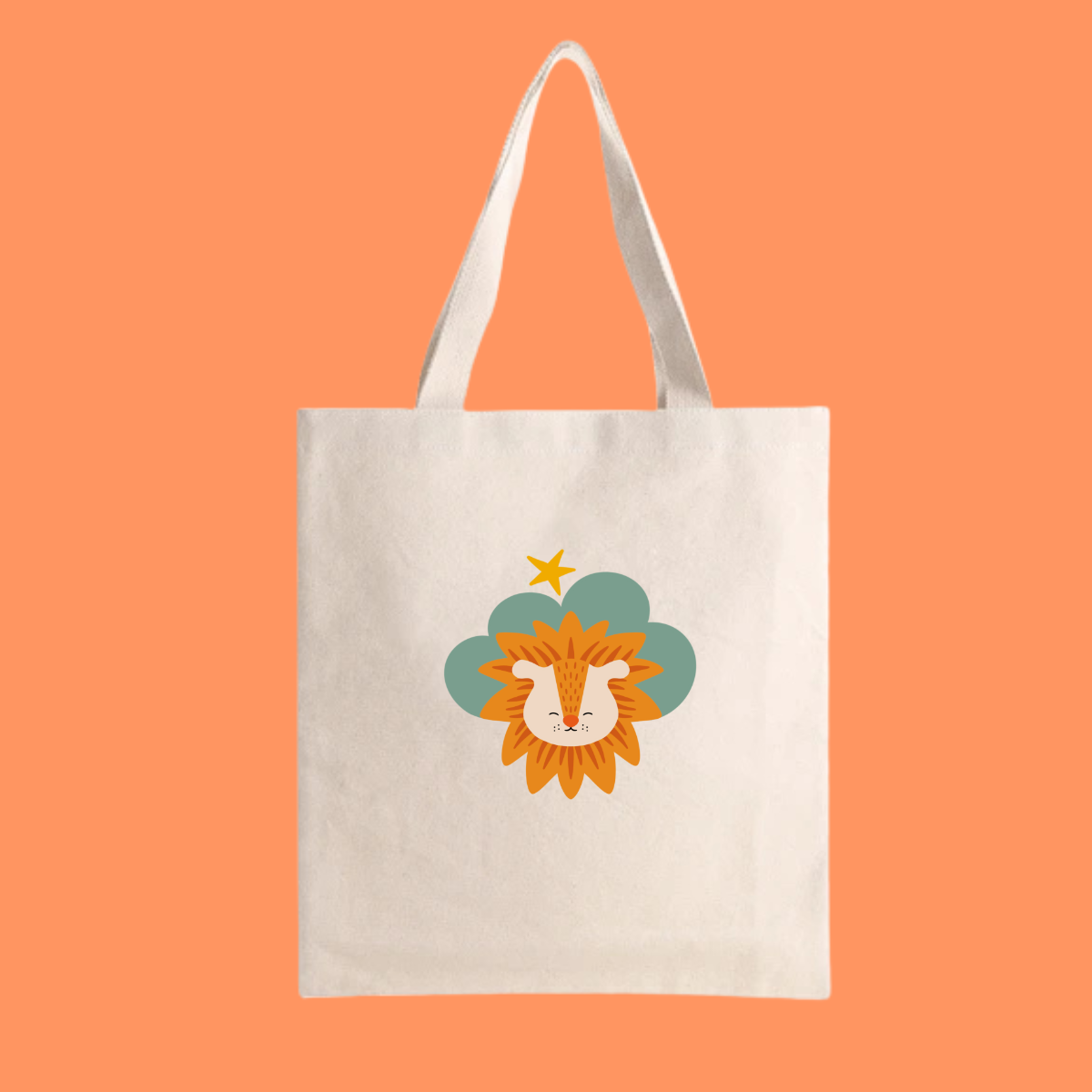 Bolsa Tote Bag color beige con estampado de león Sabino en una Nube color verde y una estrella amarilla