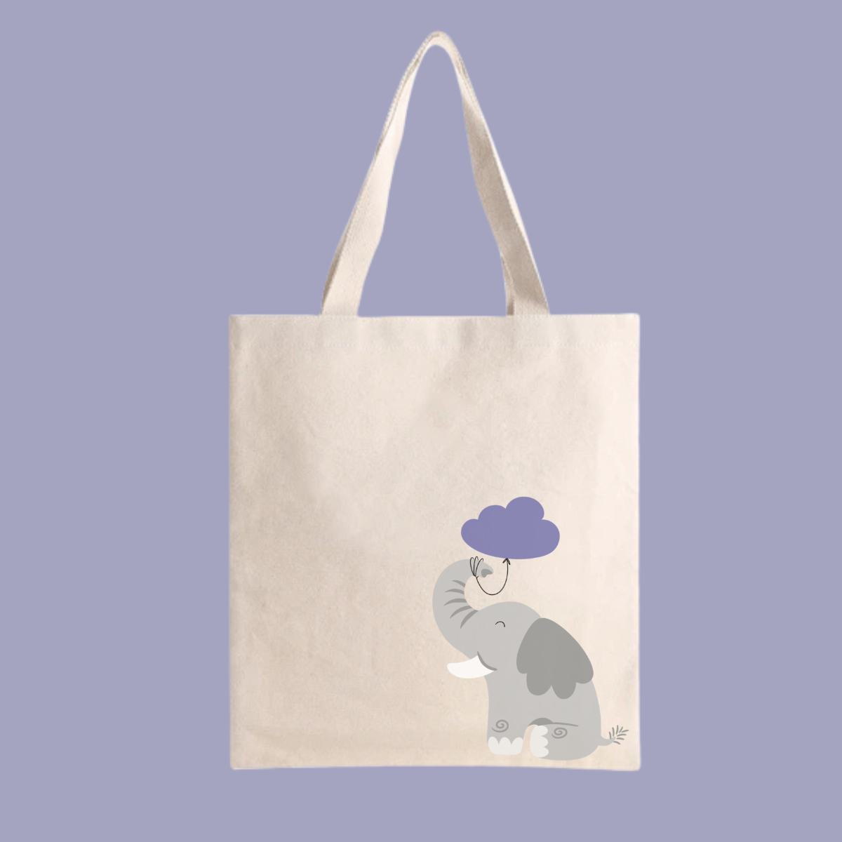 Bolsa Tote Bag color beige con estampado de elefante Clementino con globo morado de nube amarrado desde su trompa