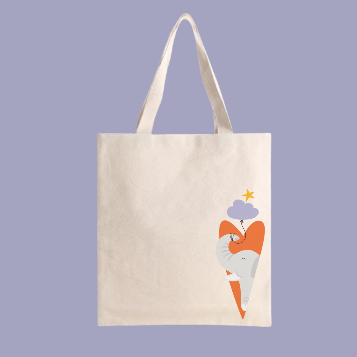 Bolsa Tote Bag color beige con estampado del diseño del elefante clementino dentro de un corazón naranja y con un globo morado amarrado en su trompa. Arriba los guía una estrella amarilla.