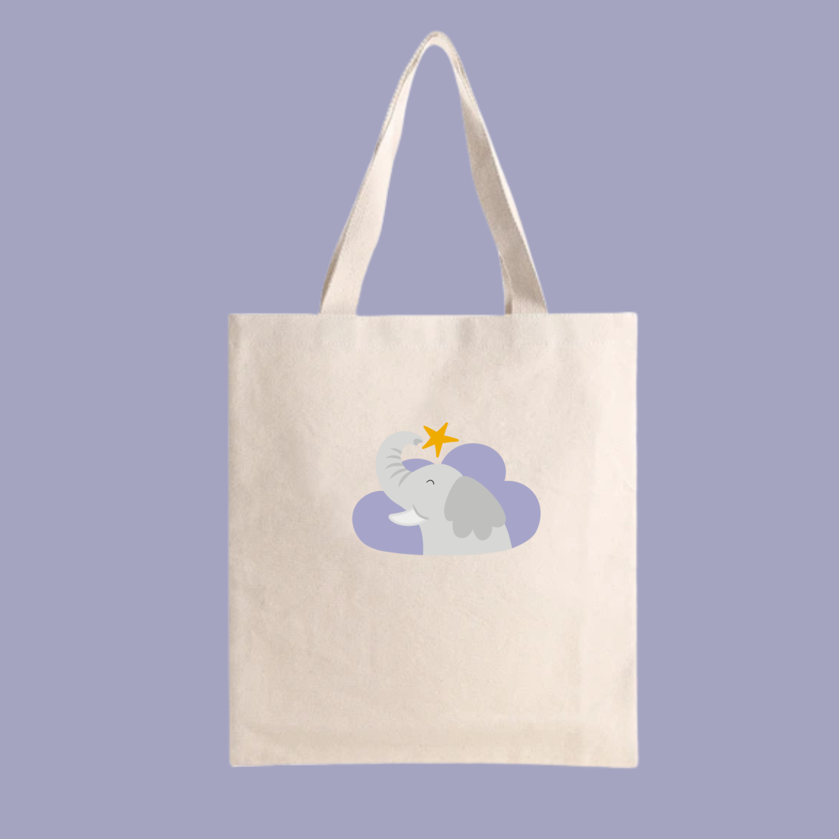 Bolsa Tote Bag color beige con estampado de elefante Clementino en una nube morada y una estrella amarilla