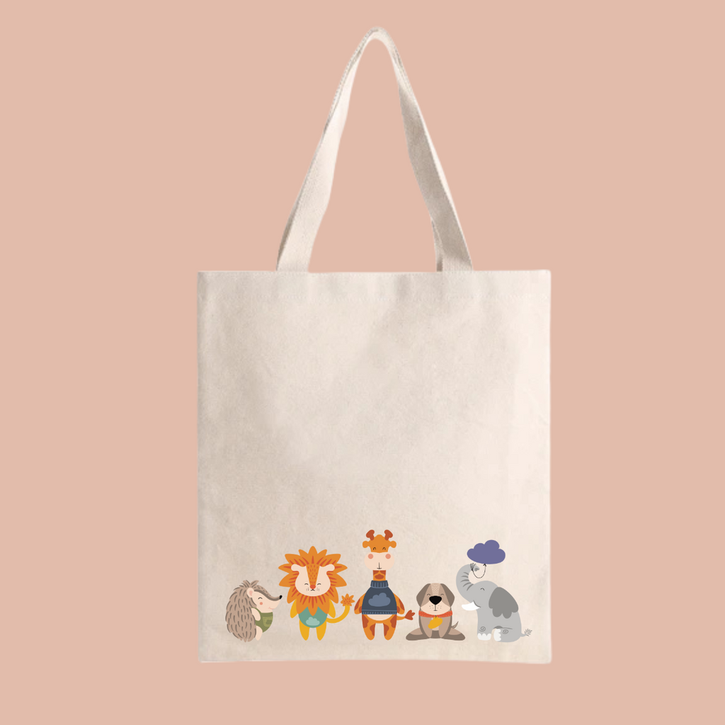 Bolsa Tote Bag color beige con estampado de familia manada animales de nube