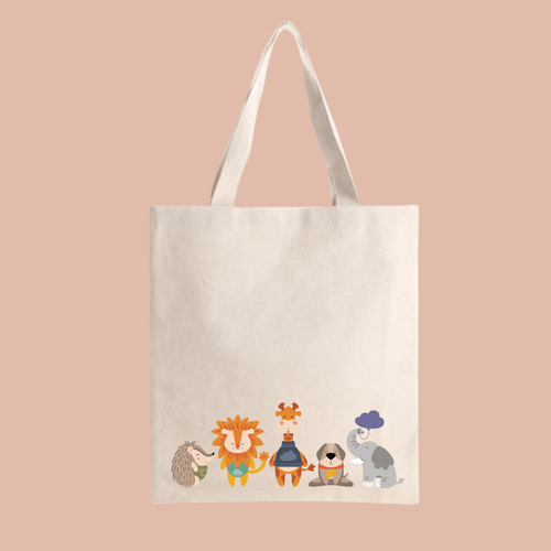 Bolsa Tote Bag color beige con estampado de familia manada animales de nube