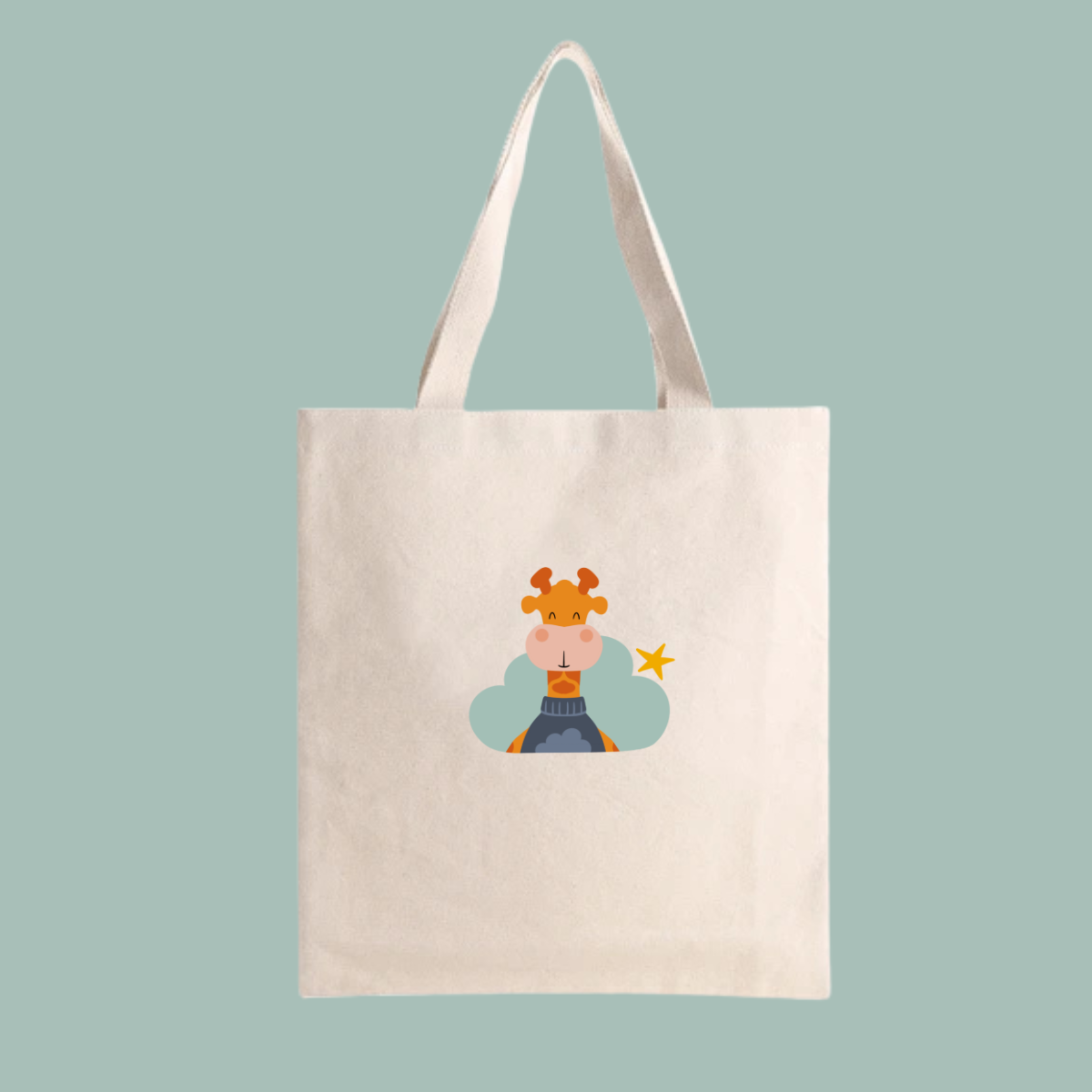 Bolsa Tote Bag color beige con estampado de la jirafa Lazaro en una Nube color verde y una estrella amarilla