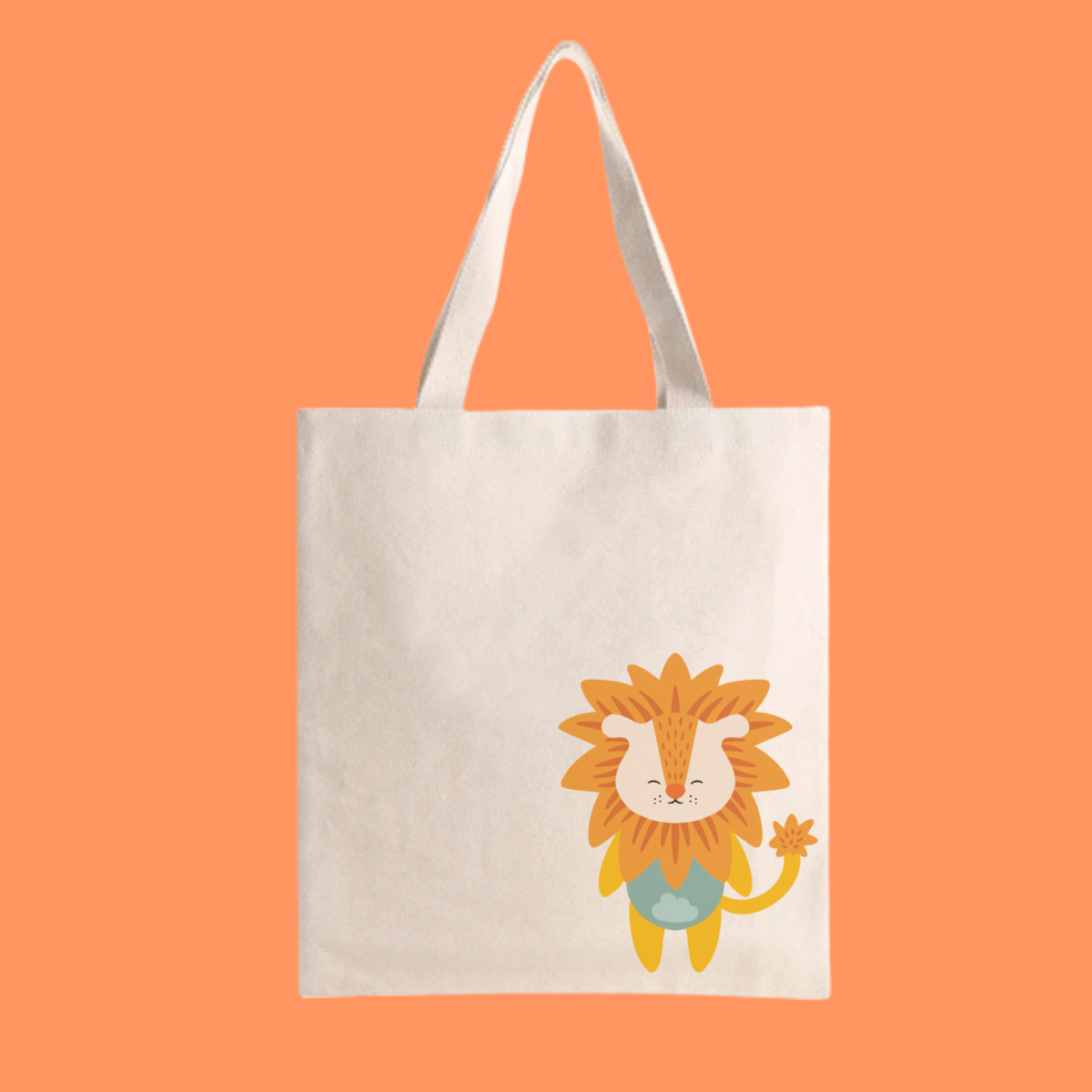 Bolsa Tote Bag color beige con estampado del León Sabino de melena naranja y ropa verde