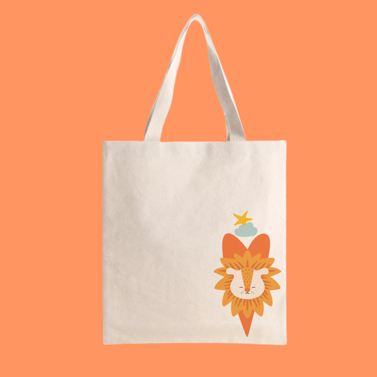 Bolsa Tote Bag color beige con estampado del diseño del león Sabino con un traje verde de la marca de ropa nube dentro de un corazón naranja. Arriba lo guía una estrella amarilla y una nube azul.