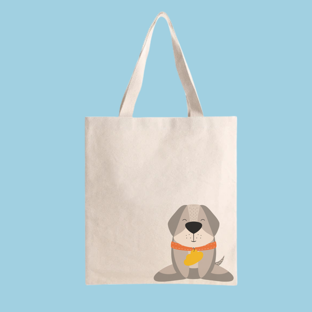 Bolsa Tote Bag color beige con estampado de perro Leandro con collar naranja y placa amarilla