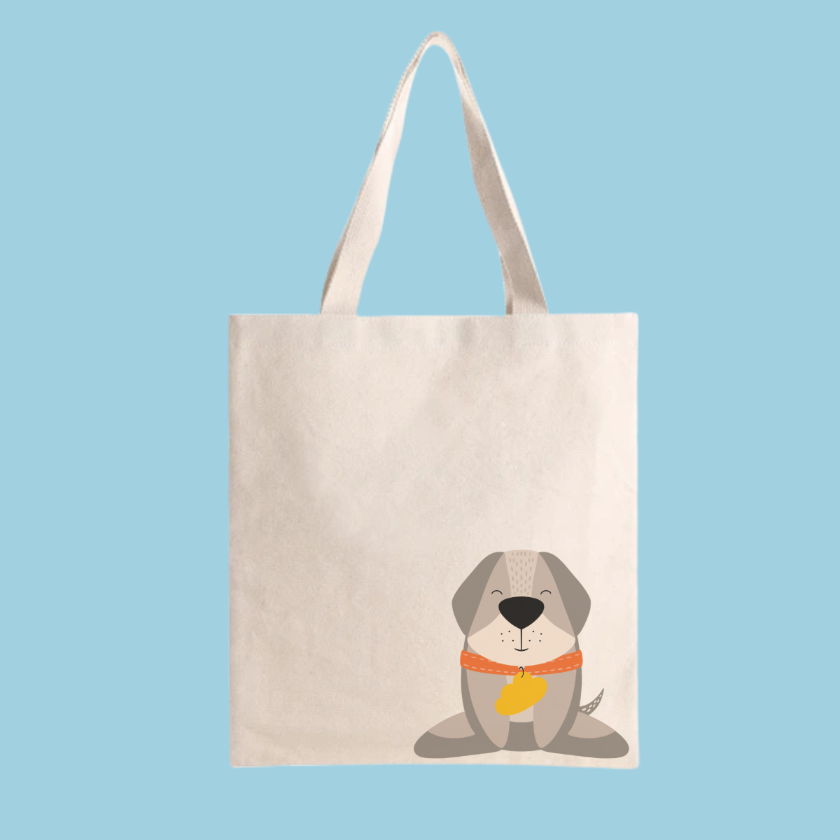 Bolsa Tote Bag color beige con estampado de perro Leandro con collar naranja y placa amarilla