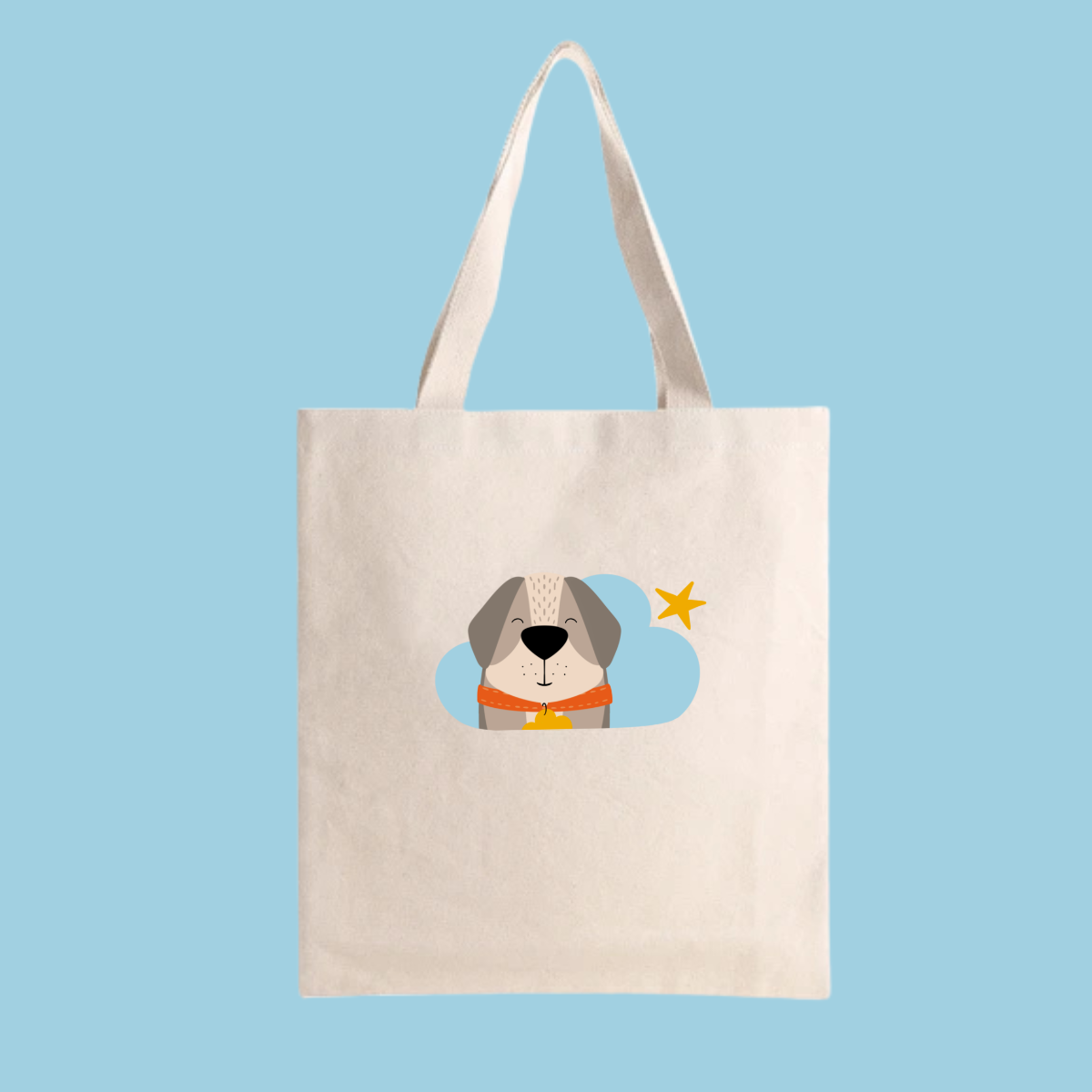 Bolsa Tote Bag color beige con estampado del perro Leandro en una Nube color azul y una estrella amarilla