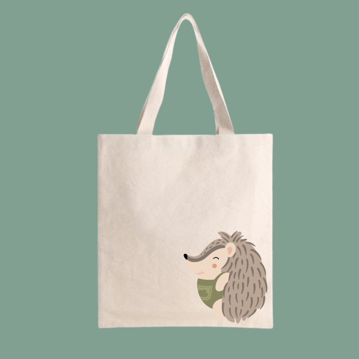 Bolsa Tote Bag color beige con estampado del perfil del puercoespin Filomeno con traje verde con dibujo de nube