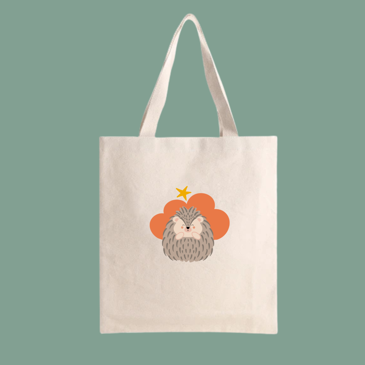 Bolsa Tote Bag color beige con estampado de puercoespín Filomeno en una Nube color naranja y una estrella amarilla